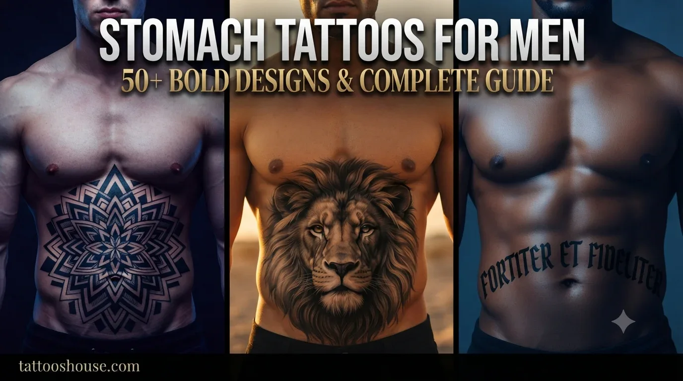 Stomach tattoos for men featuring three styles – blackwork mandala, lion head, and gothic script on different torsos by tattooshouse.com