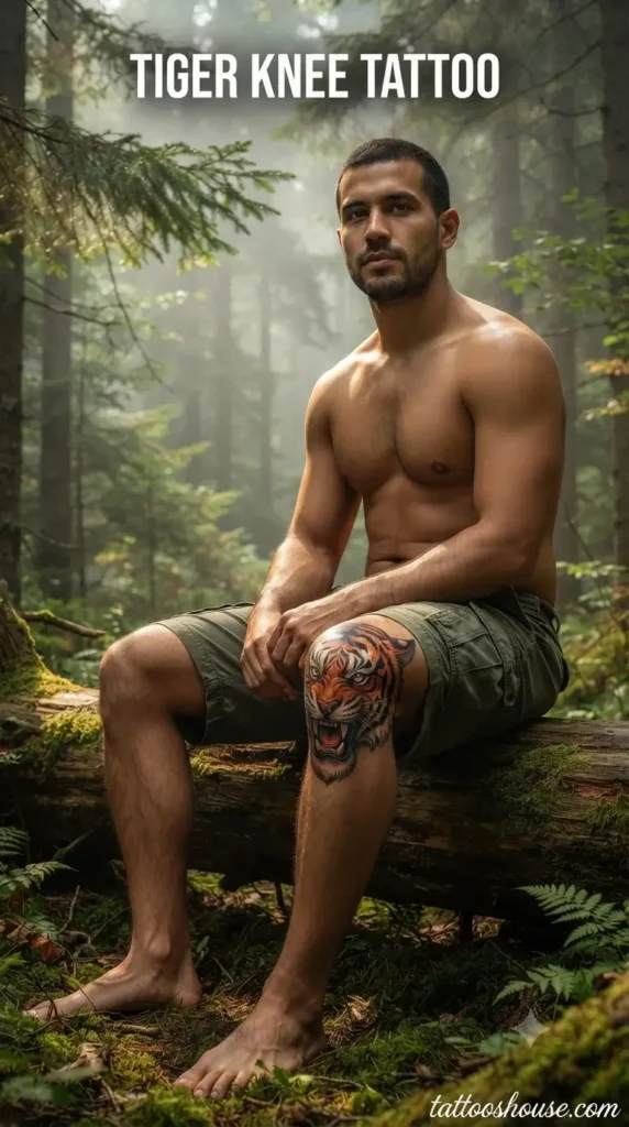 Tiger knee tattoo for men on olive knee in forest by tattooshouse.com