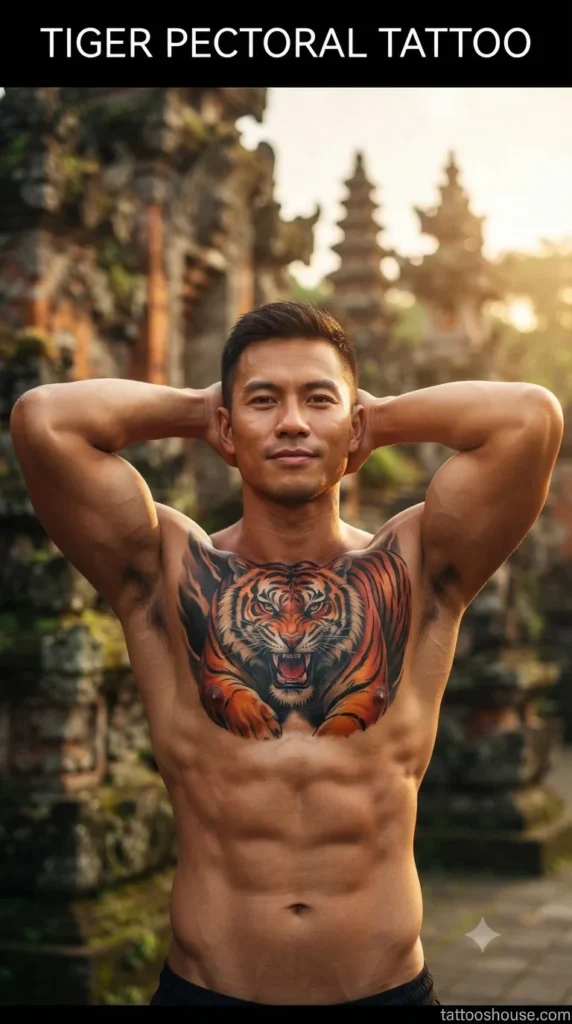 Tiger pectoral tattoos for men on tan chest by tattooshouse.co