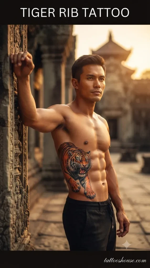 Tiger rib tattoo for men on tan torso at temple by tattooshouse.com