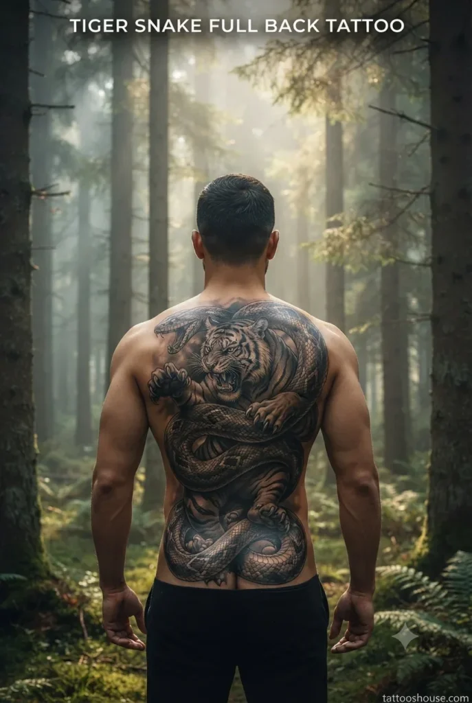 Tiger and snake battle full back tattoo for men on olive back in forest by tattooshouse.com