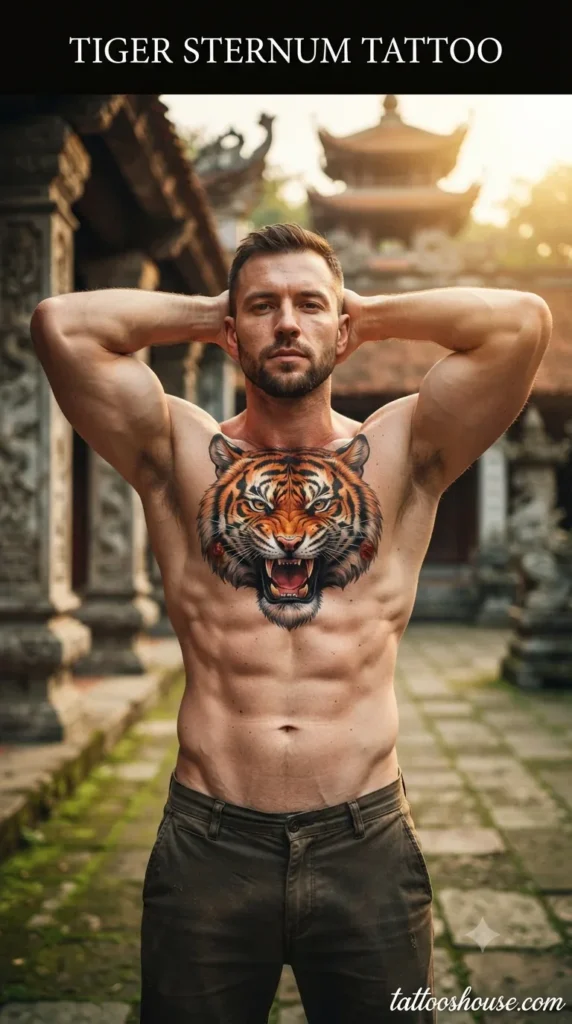 Tiger sternum tattoo for men on pale chest at temple by tattooshouse.com