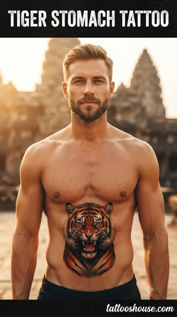 Tiger stomach tattoo for young man on tan torso at temple by tattooshouse.com