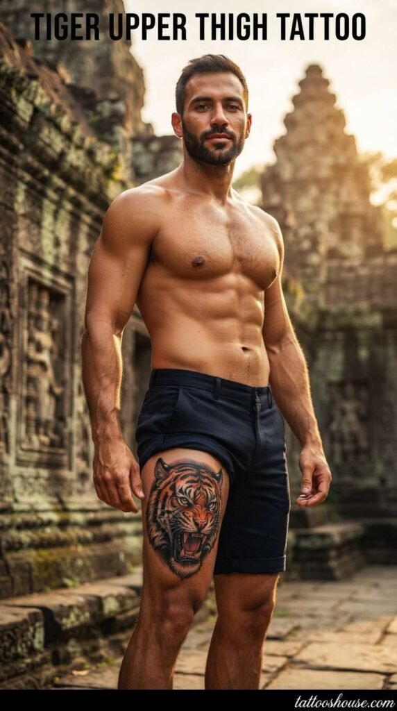 Tiger upper thigh tattoo for men on tan thigh at temple by tattooshouse.com