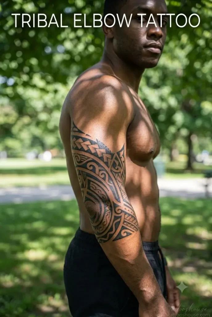 Bold tribal elbow tattoo for men on dark ebony arm in park with Polynesian style by tattooshouse.com