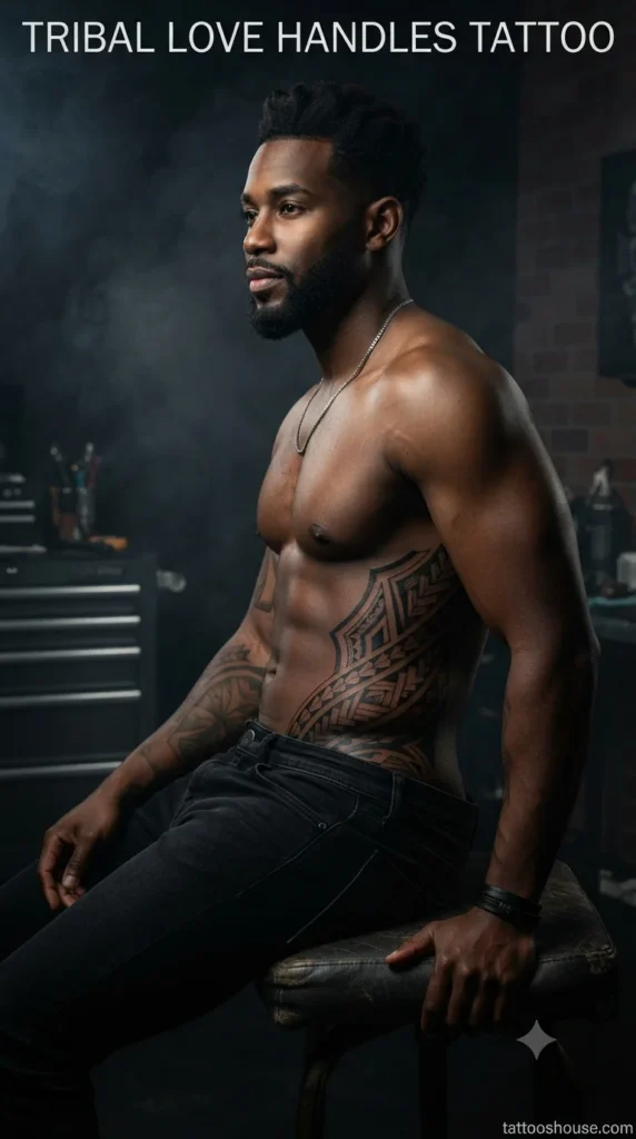 Tribal love handles tattoo for men on dark ebony side torso in dark studio by tattooshouse.com
