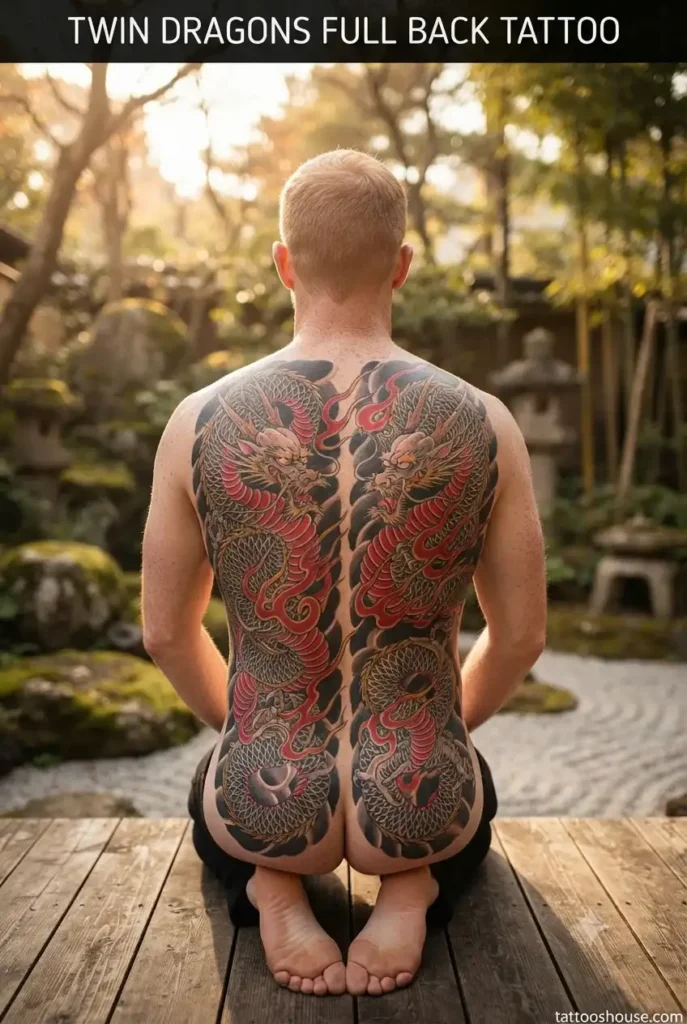  Twin dragons full back tattoo for men on fair back in garden by tattooshouse.com