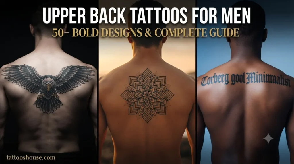 Upper back tattoos for men featuring three styles – eagle, geometric mandala, and gothic script on different backs by tattooshouse.com