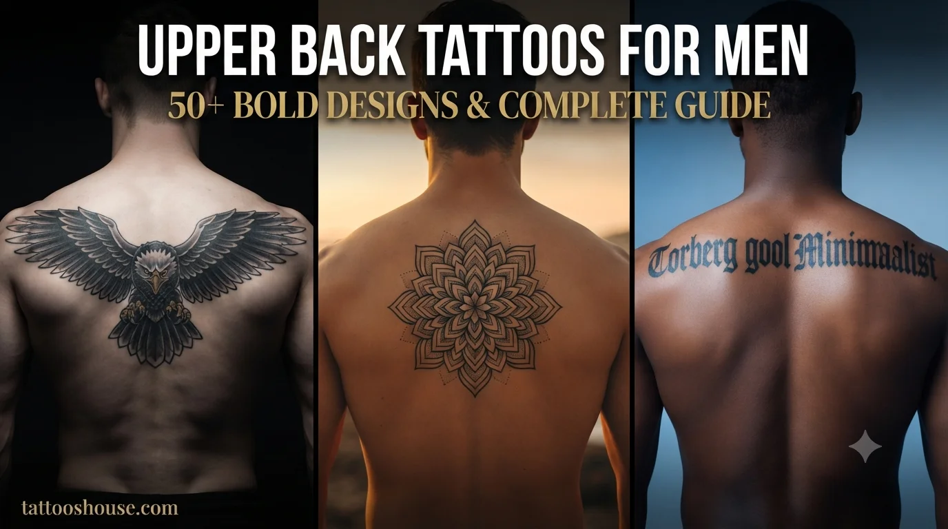 Upper back tattoos for men featuring three styles – eagle, geometric mandala, and gothic script on different backs by tattooshouse.com