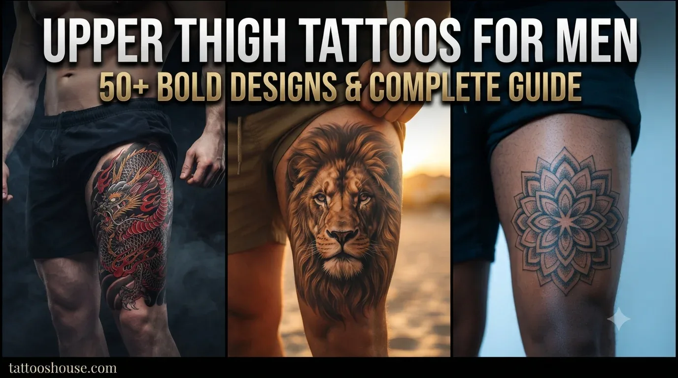 Upper thigh tattoos for men featuring three styles – Japanese dragon, lion head, and geometric mandala on different thighs by tattooshouse.com