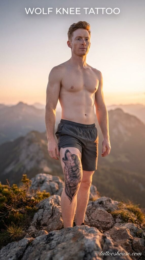 Wolf knee tattoo for men on pale knee on mountain by tattooshouse.com