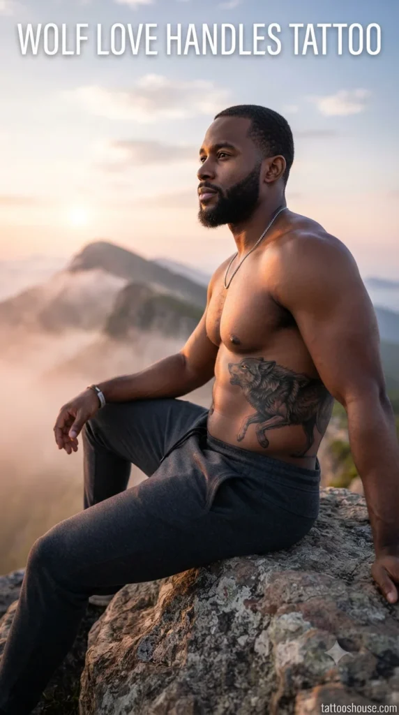 Wolf love handles tattoo for men on dark brown side torso on mountain by tattooshouse.com
