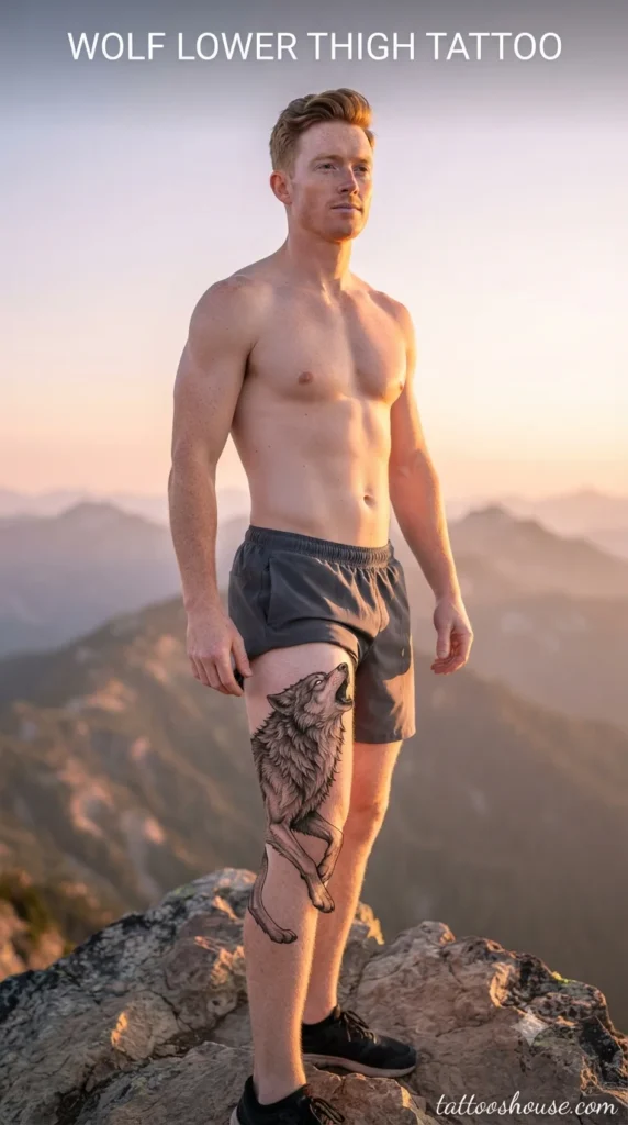 Wolf lower thigh tattoo for men on fair thigh on mountain by tattooshouse.com