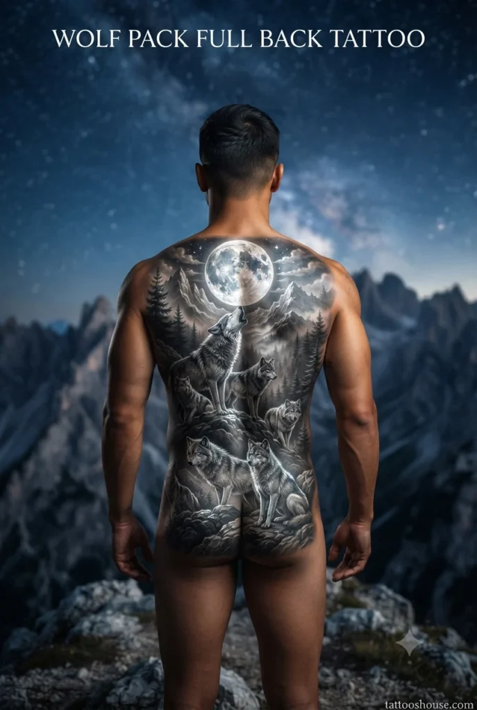 Wolf pack full back tattoo for men on tan back on mountain by tattooshouse.com