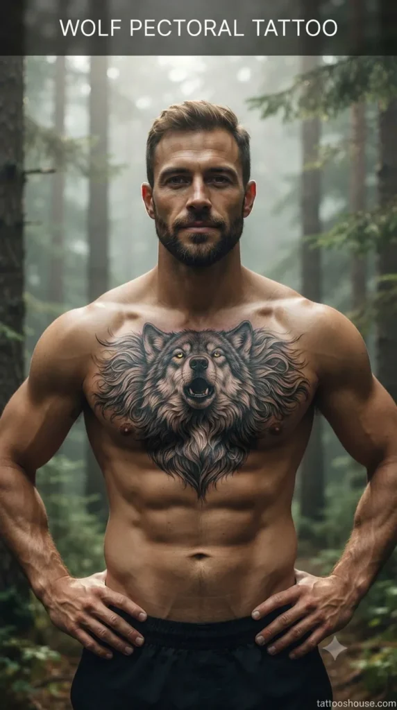 Wolf pectoral tattoo for men on olive chest by tattooshouse.com