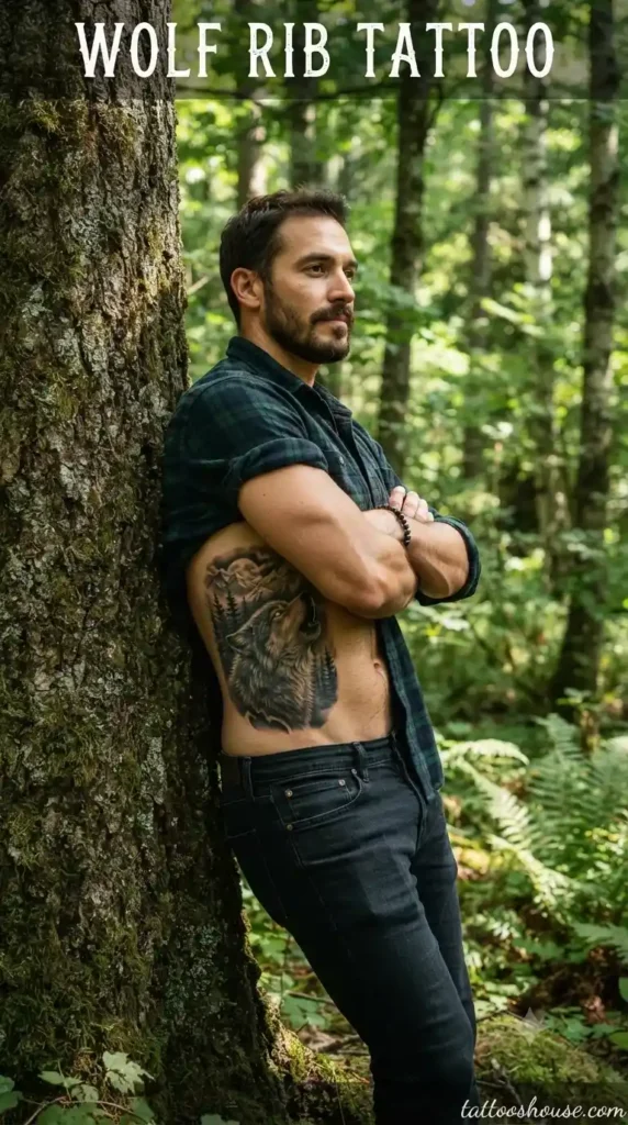 Wolf howling rib tattoo for men on olive torso in forest by tattooshouse.com