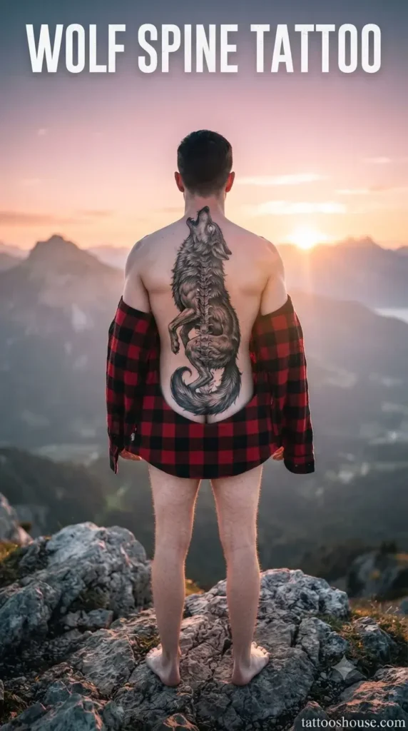 Wolf spine tattoo for men on pale back on mountain by tattooshouse.com