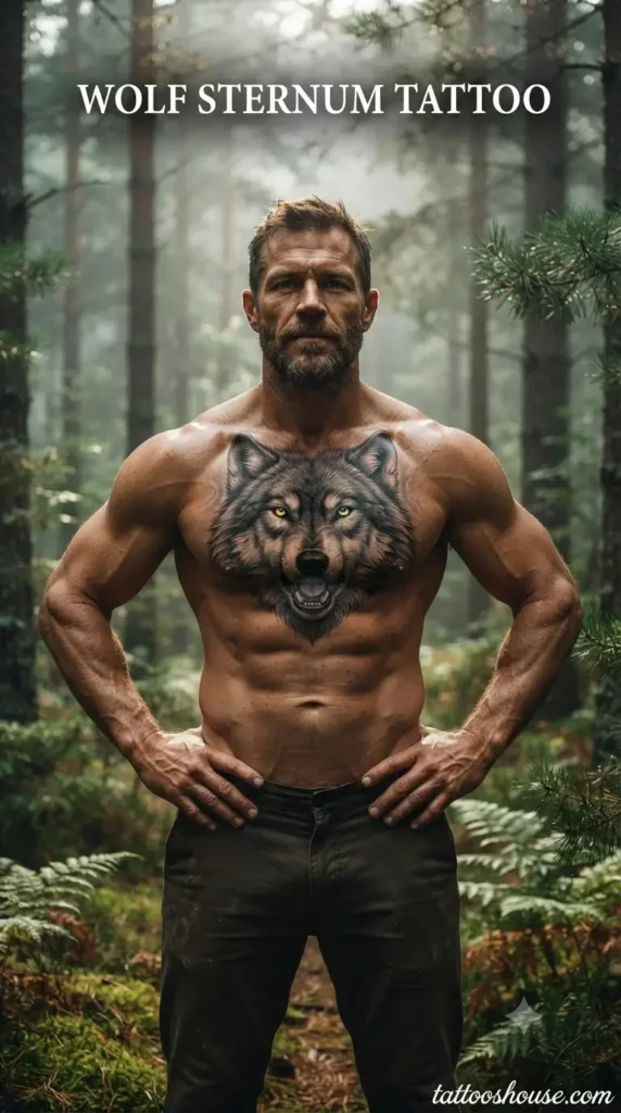 Wolf sternum tattoo for men on olive chest in forest by tattooshouse.com