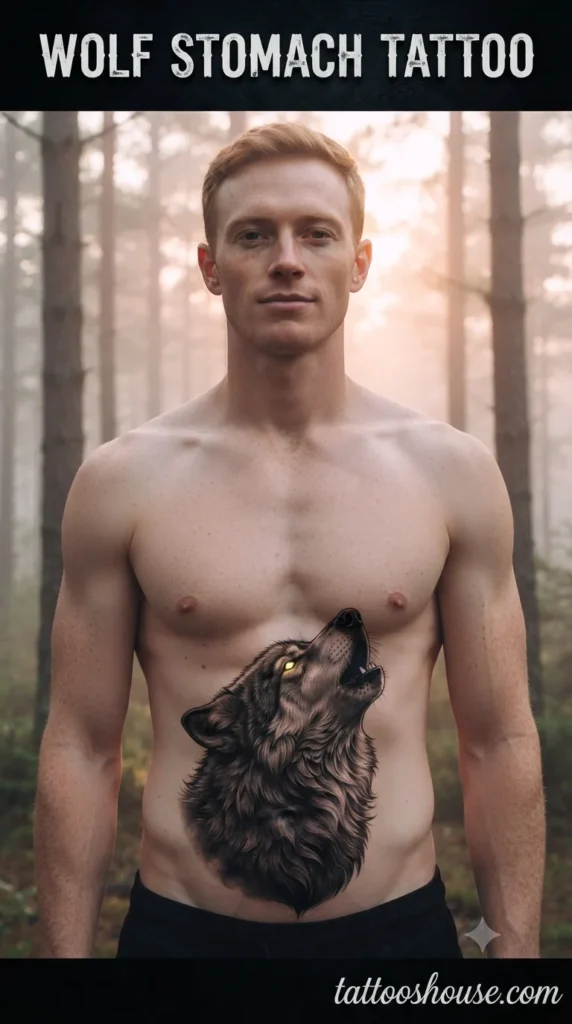 Wolf stomach tattoo for young man on fair torso by tattooshouse.com