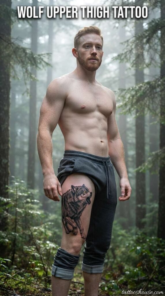 Wolf upper thigh tattoo for men on pale thigh in forest by tattooshouse.com