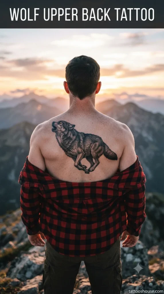 Wolf upper back tattoo for men on fair back on mountain by tattooshouse.com
