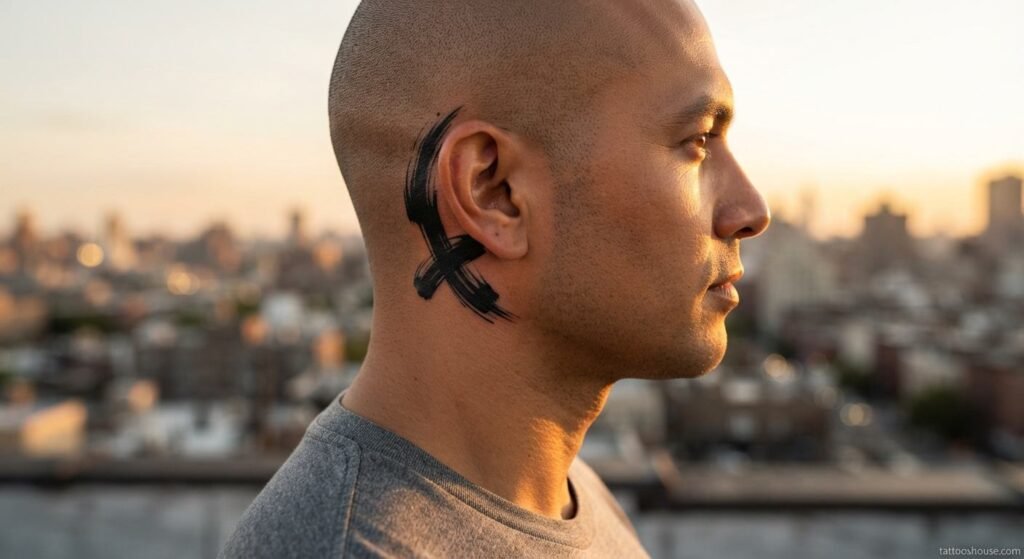 Bold abstract brushstroke ear tattoo for men in black ink on tan skin by tattooshouse.com