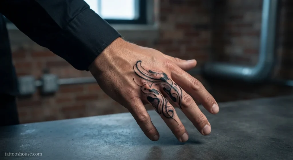 Bold blackwork abstract finger top tattoo for men on tan skin wide shot by tattooshouse.com