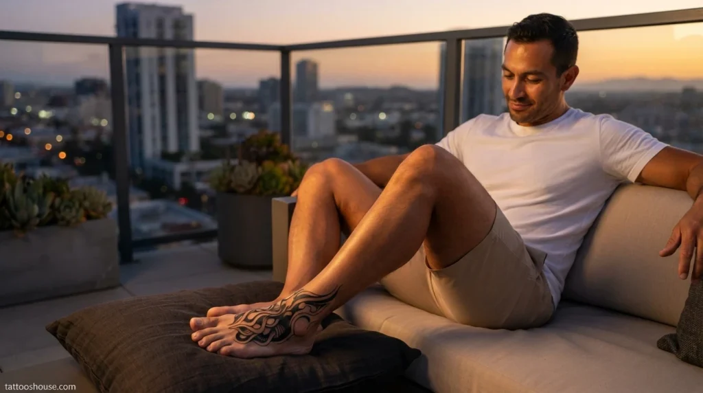 Bold abstract top of foot tattoo for men on olive skin wide shot by tattooshouse.com