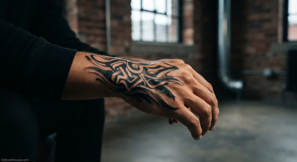 Bold blackwork abstract side hand tattoo for men on tan skin wide shot by tattooshouse.com