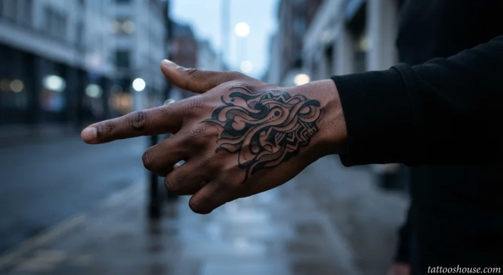 Bold blackwork abstract hand tattoo for men on dark skin by tattooshouse.com