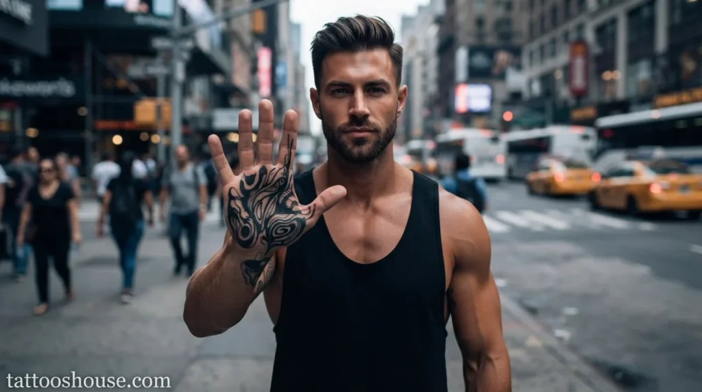 Bold abstract palm tattoo for men on tan skin wide shot by tattooshouse.com