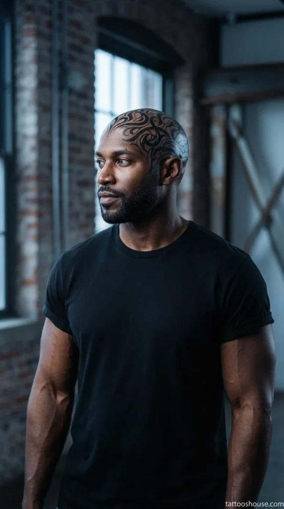 Bold blackwork abstract scalp tattoo for men on dark skin by tattooshouse.com