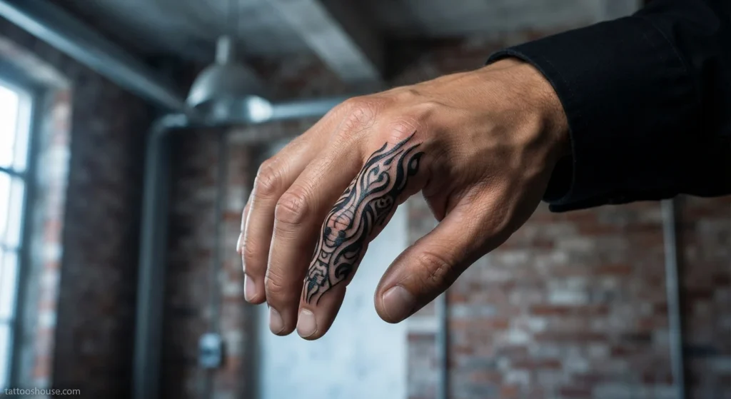 Bold blackwork abstract side finger tattoo for men on tan skin wide shot by tattooshouse.com