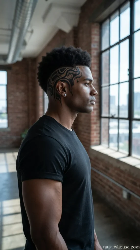 Bold blackwork abstract temple tattoo for men on dark skin by tattooshouse.com
