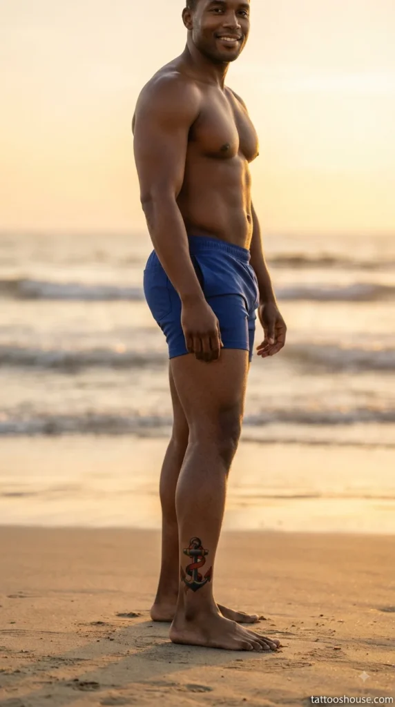 Traditional anchor ankle tattoo for men with bold outlines on beach by tattooshouse.com