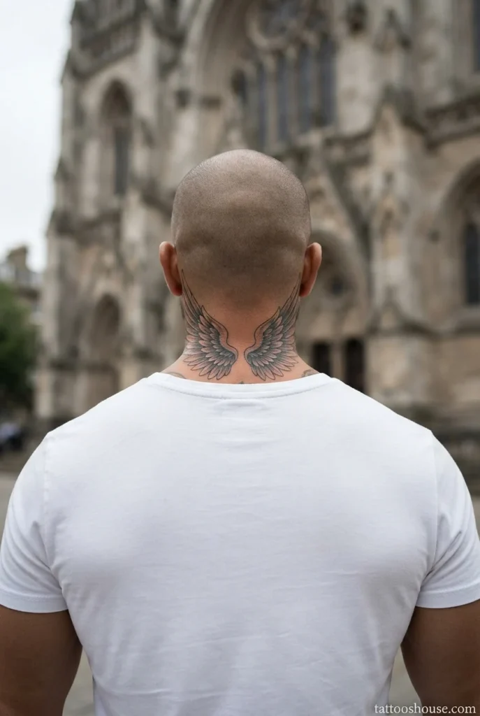 Detailed angel wings back neck tattoo for men in black and grey on olive skin by tattooshouse.com