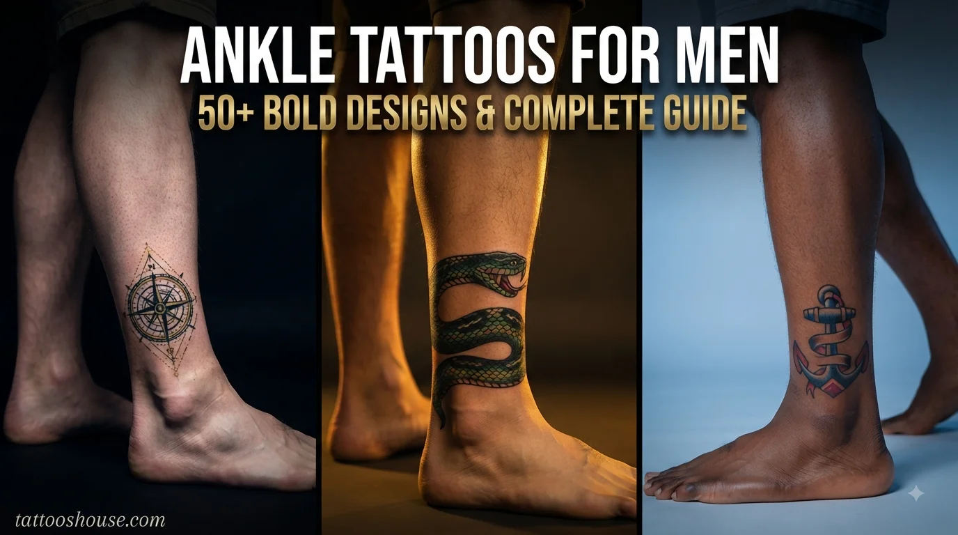 Ankle tattoos for men featuring three styles – compass, snake wrap, and traditional anchor on different legs by tattooshouse.com
