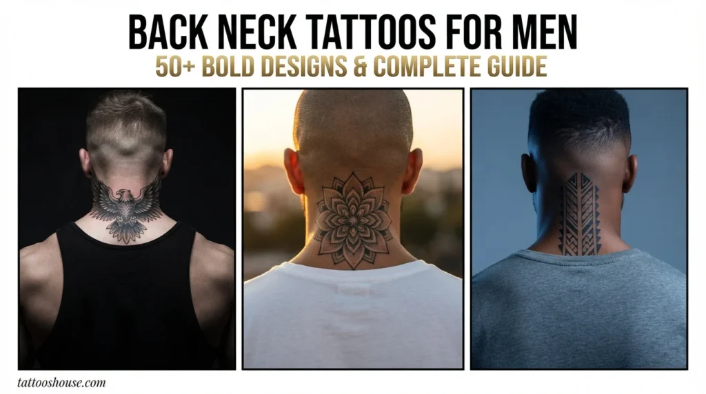 Back neck tattoos for men featuring three styles – eagle wings, geometric mandala, and tribal on different back necks by tattooshouse.com