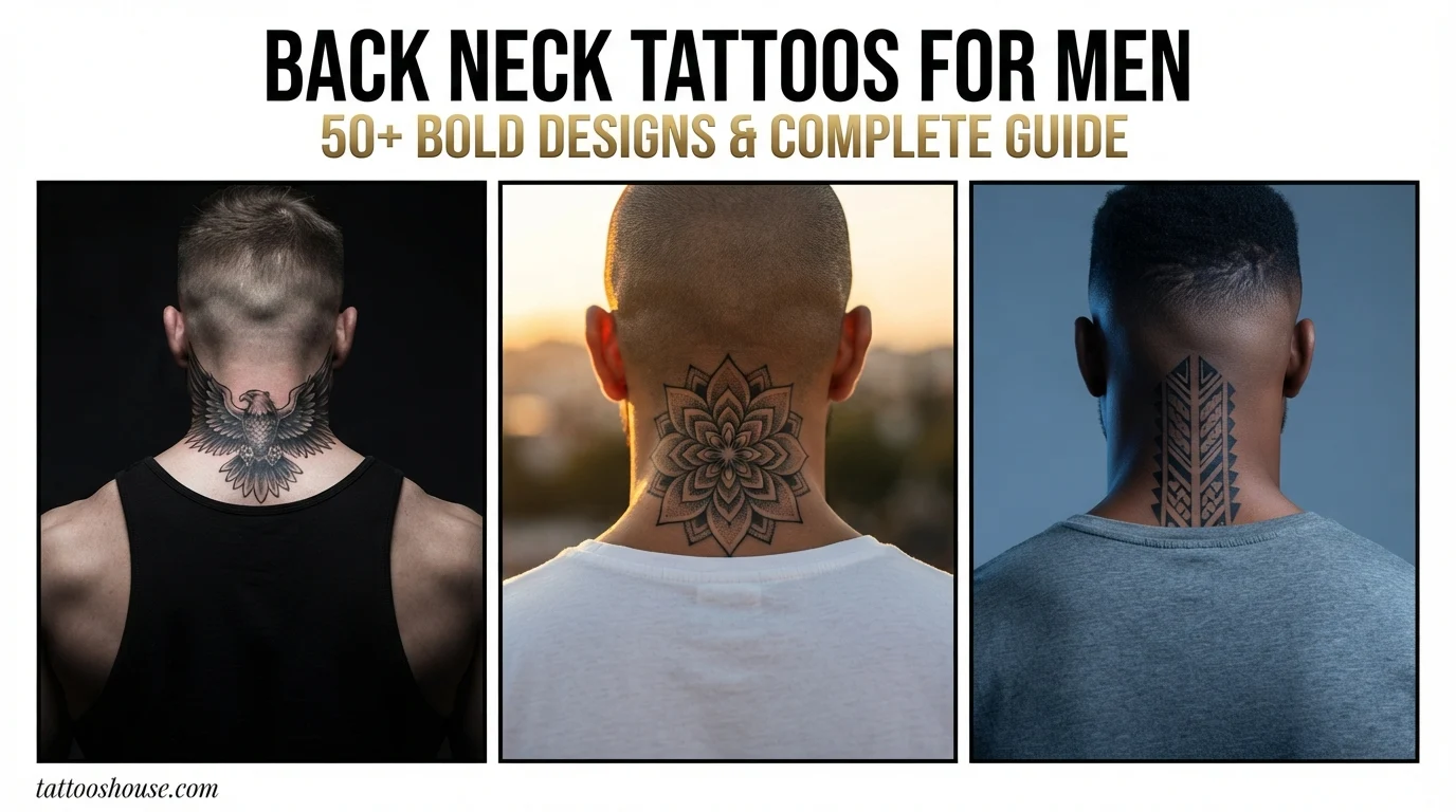 Back neck tattoos for men featuring three styles – eagle wings, geometric mandala, and tribal on different back necks by tattooshouse.com