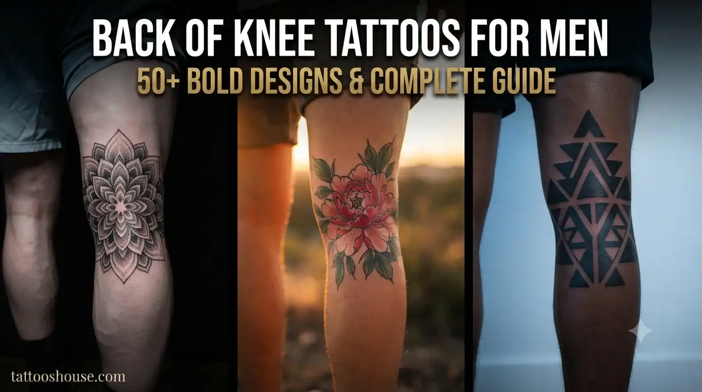 Back of knee tattoos for men featuring three styles – mandala, peony, and geometric pattern on different legs by tattooshouse.com