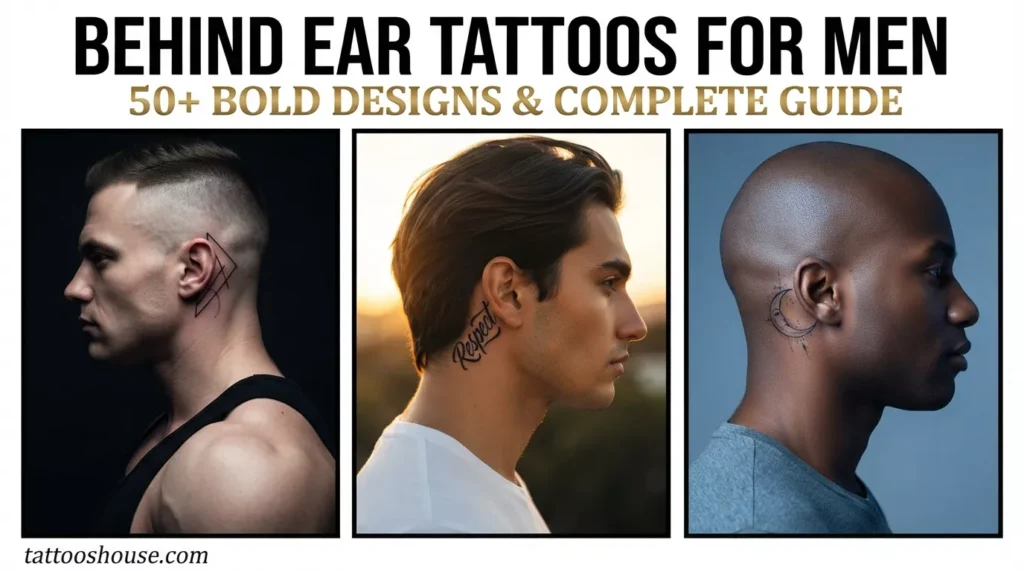 Behind ear tattoos for men featuring three styles – geometric line, script word, and crescent moon on different side profiles by tattooshouse.com