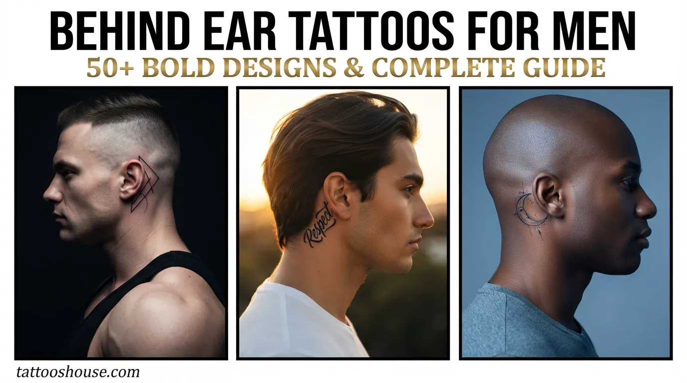 Behind ear tattoos for men featuring three styles – geometric line, script word, and crescent moon on different side profiles by tattooshouse.com