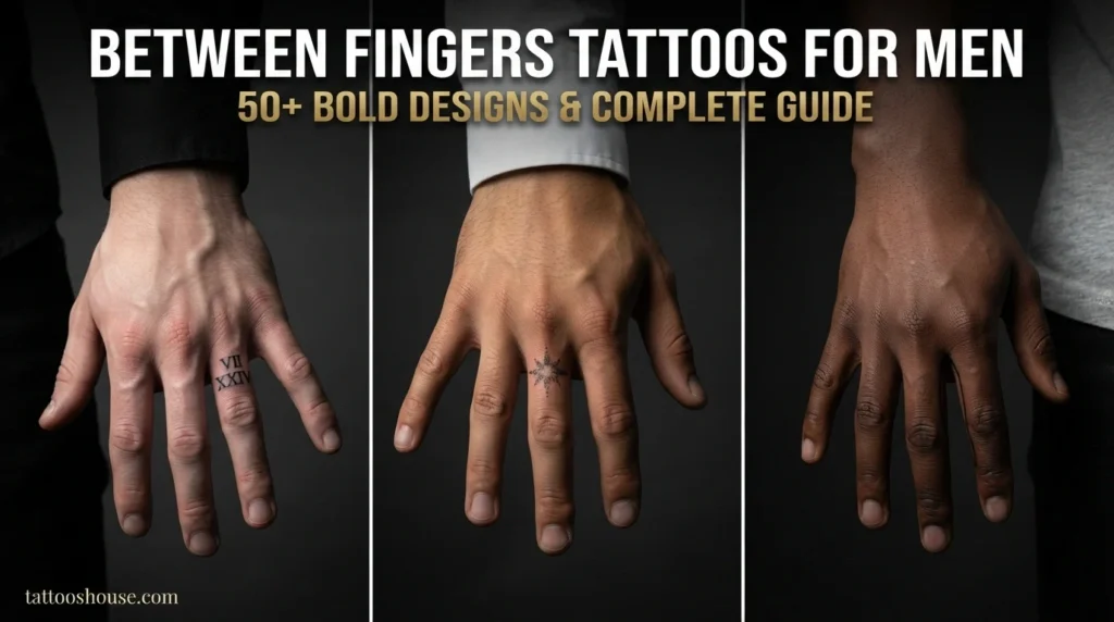 Between fingers tattoos for men featuring three styles – Roman numeral, dotwork star, and single line geometric on different hands by tattooshouse.com