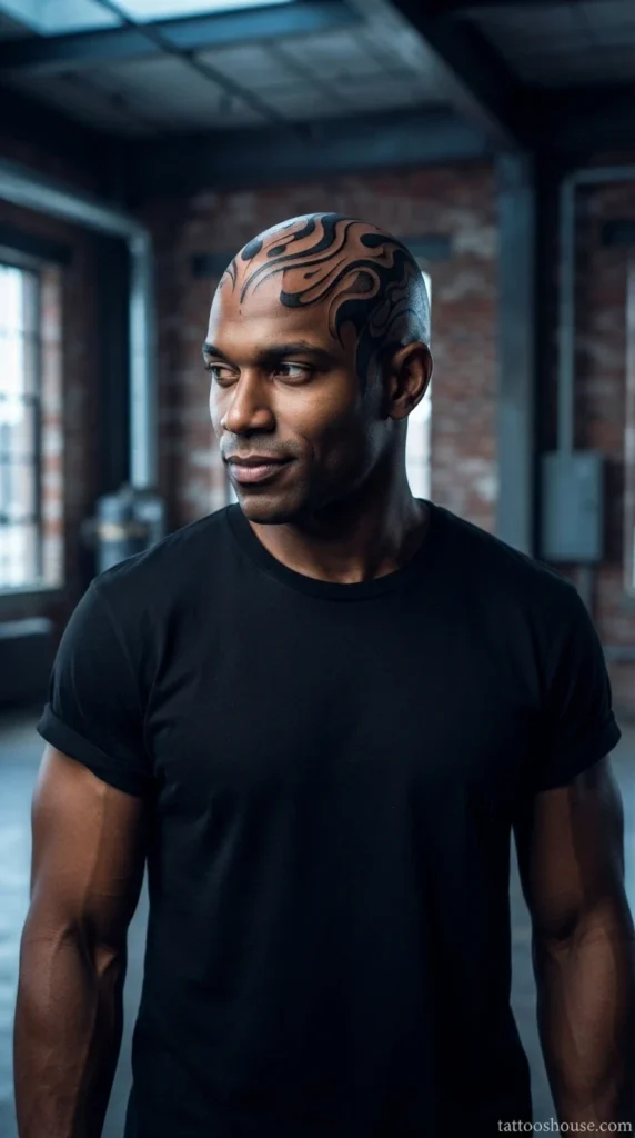 Bold blackwork abstract full head tattoo for men on dark skin by tattooshouse.com