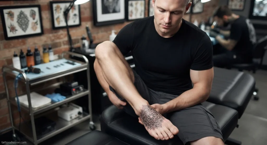 Blackwork mandala top of foot tattoo for men on pale skin medium shot by tattooshouse.com