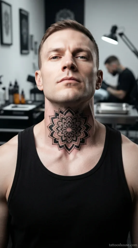 Bold blackwork mandala front neck tattoo for men with intricate dotwork on pale skin close-up by tattooshouse.com