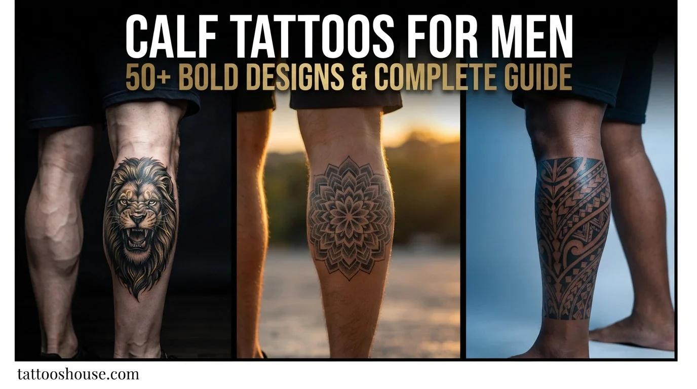 Calf tattoos for men featuring three styles – lion realism, geometric mandala, and Polynesian tribal wrap on different legs by tattooshouse.com