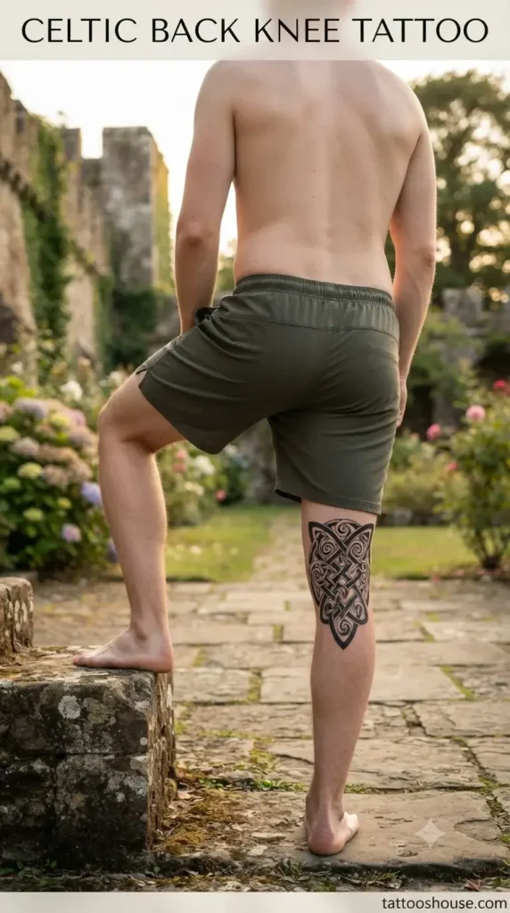Celtic knotwork back of knee tattoo for men on pale leg in garden by tattooshouse.com