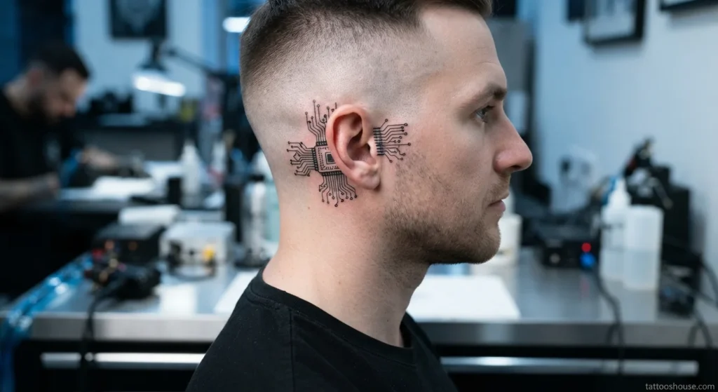 Detailed circuitry fragment ear tattoo for men with fine lines on pale skin by tattooshouse.com