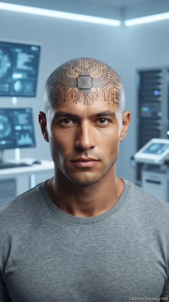 Detailed circuitry full head tattoo for men with microchip patterns on tan skin by tattooshouse.com